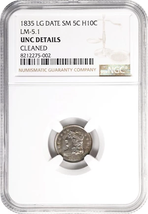 image for: 1835 Capped Bust Half Dime. LM-6, V-9. Rarity-2. Large Date, Small 5 C. Unc Details--Cleaned (NGC).