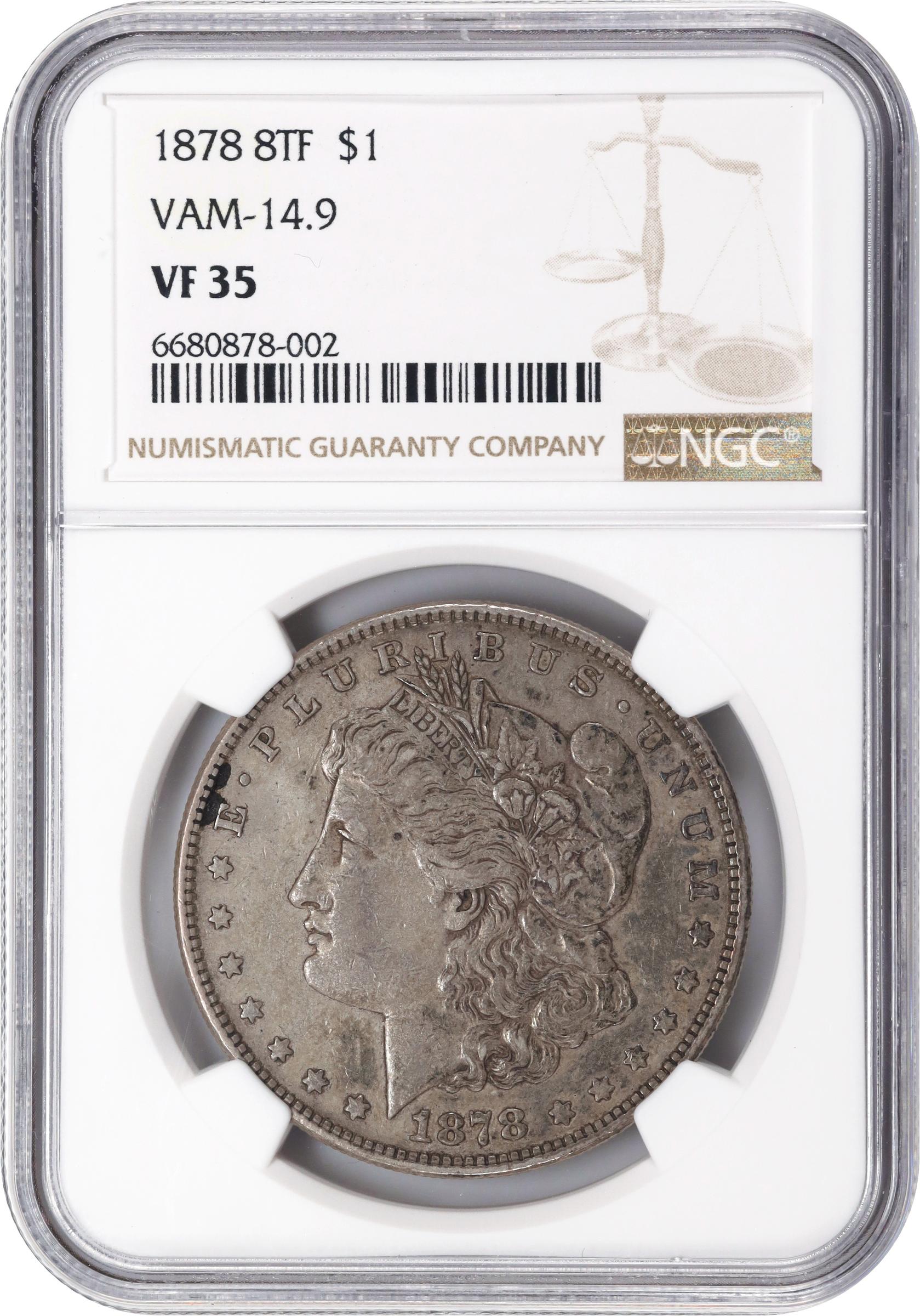 image for: 1878 Morgan Silver Dollar. 8 Tailfeathers. VAM-14.9. VF-35 (NGC).