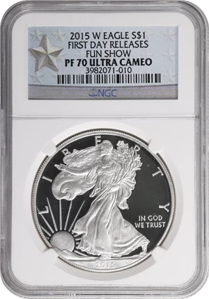 image for: 2015-W Silver Eagle. First Day Releases. FUN Show. Proof-70 Ultra Cameo (NGC).