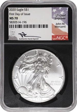 image for: 2020 Silver Eagle. First Day of Issue. MS-70 (NGC). 12th Chief Engraver John M. Mercanti Signature.