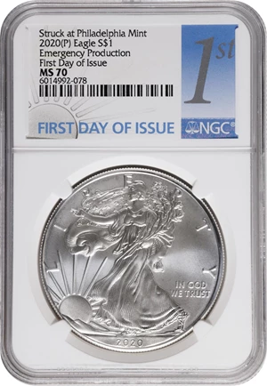 image for: 2020-(P) Silver Eagle. Emergency Production. First Day of Issue. MS-70 (NGC).