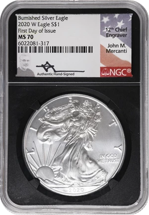 image for: 2020-W Silver Eagle. First Day of Issue. MS-70 (NGC). 12th Chief Engraver John M. Mercanti Signature.