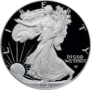 image for: 2021-W Silver Eagle. Type II, Eagle Landing. First Strike. Proof-70 Deep Cameo (PCGS). Master Designer Emily Damstra Signature.