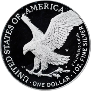 image for: 2021-W Silver Eagle. Type II, Eagle Landing. First Strike. Proof-70 Deep Cameo (PCGS). Master Designer Emily Damstra Signature.