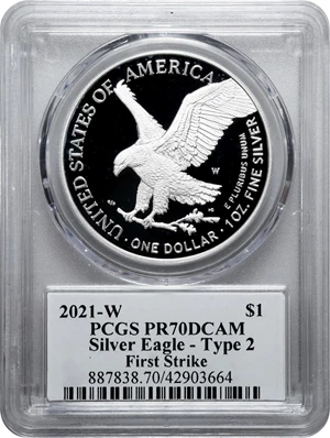 image for: 2021-W Silver Eagle. Type II, Eagle Landing. First Strike. Proof-70 Deep Cameo (PCGS). Master Designer Emily Damstra Signature.