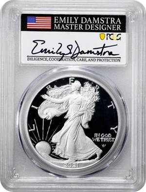 image for: 2021-W Silver Eagle. Type II, Eagle Landing. First Strike. Proof-70 Deep Cameo (PCGS). Master Designer Emily Damstra Signature.