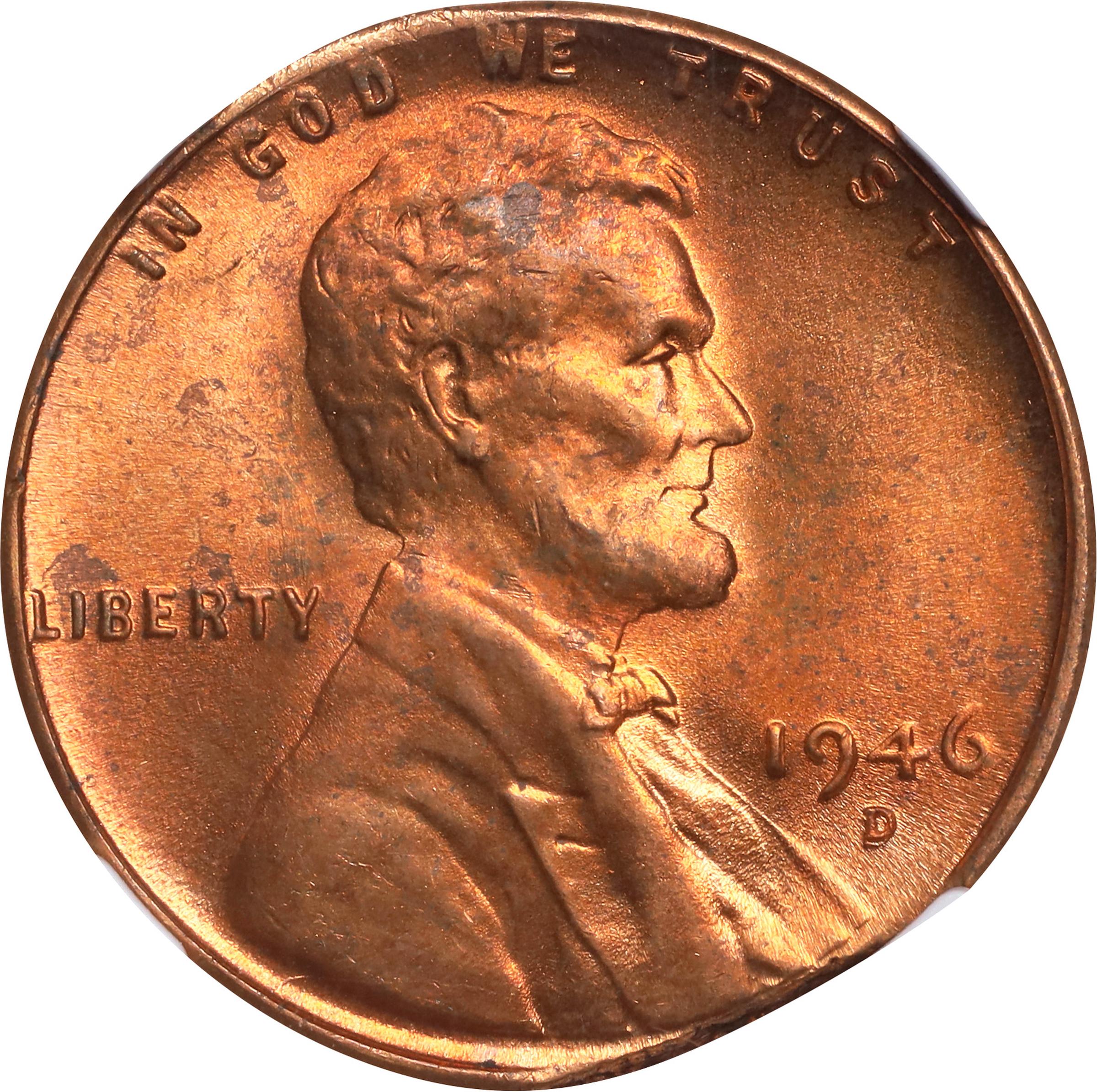 image for: 1946-D Lincoln Cent. Straight Clip. MS-64 RB (NGC).