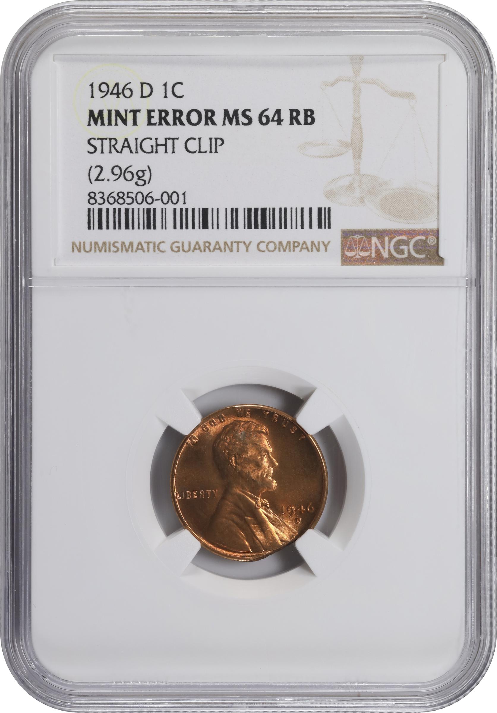 image for: 1946-D Lincoln Cent. Straight Clip. MS-64 RB (NGC).