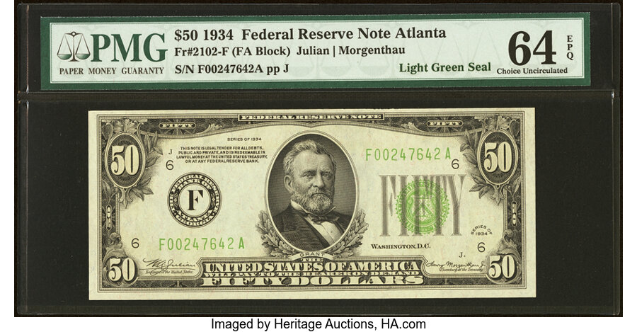 image for: Fr. 2102-F $50 1934 Light Green Seal Federal Reserve Note. PMG Choice Uncirculated 64 EPQ....