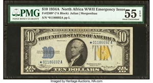 image for: Fr. 2309* $10 1934A North Africa Silver Certificate Star. PMG About Uncirculated 55 EPQ....