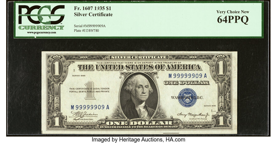 image for: Seven of a Kind Serial Number 99999909 Fr. 1607 $1 1935 Silver Certificate. PCGS Very Choice New 64PPQ....