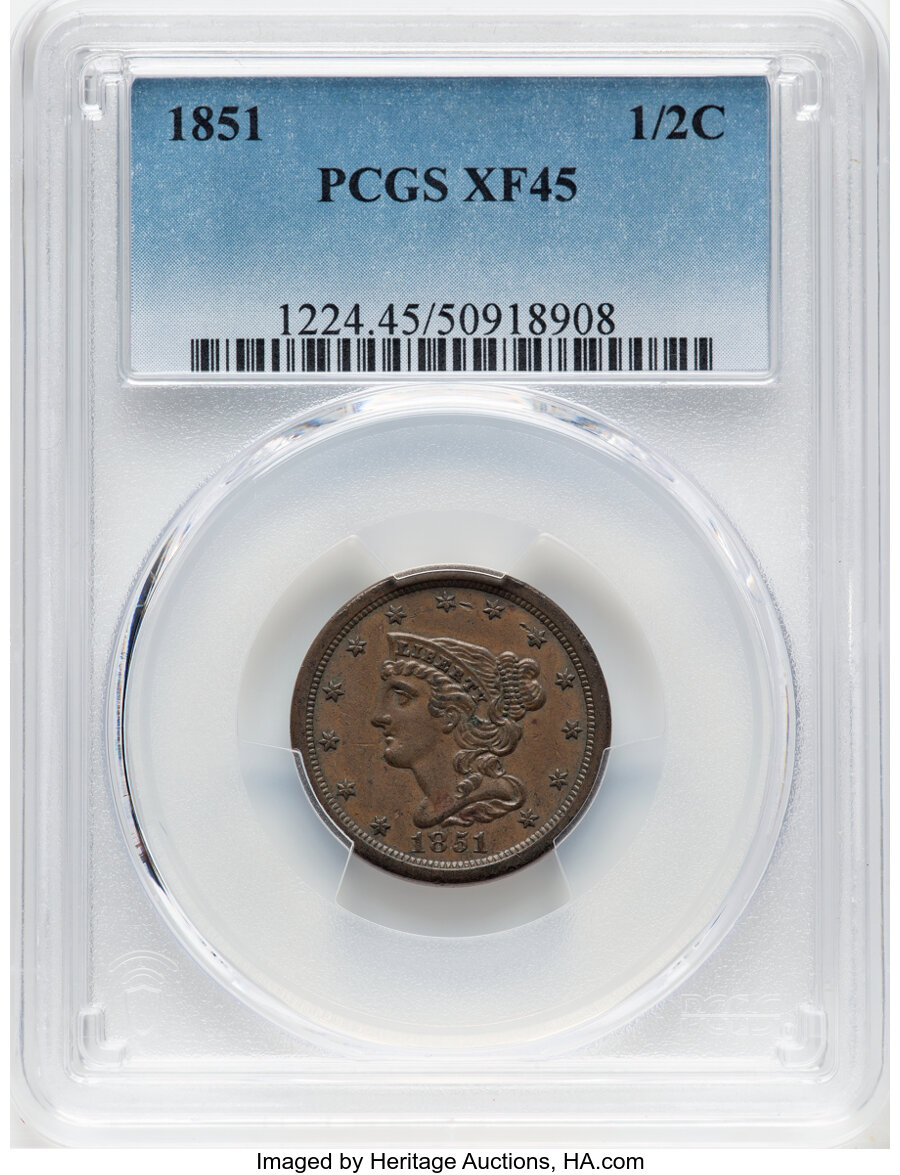 image for: 1851 1/2 C C-1, B-1, R.1, XF45 PCGS.  Mintage 147,672....