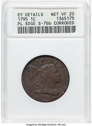 image for: 1795 1C Plain Edge, S-76b, B-4b, R.1 -- Corroded -- ANACS Details. XF Details, Net VF20. Housed in a small-sized holder. M...