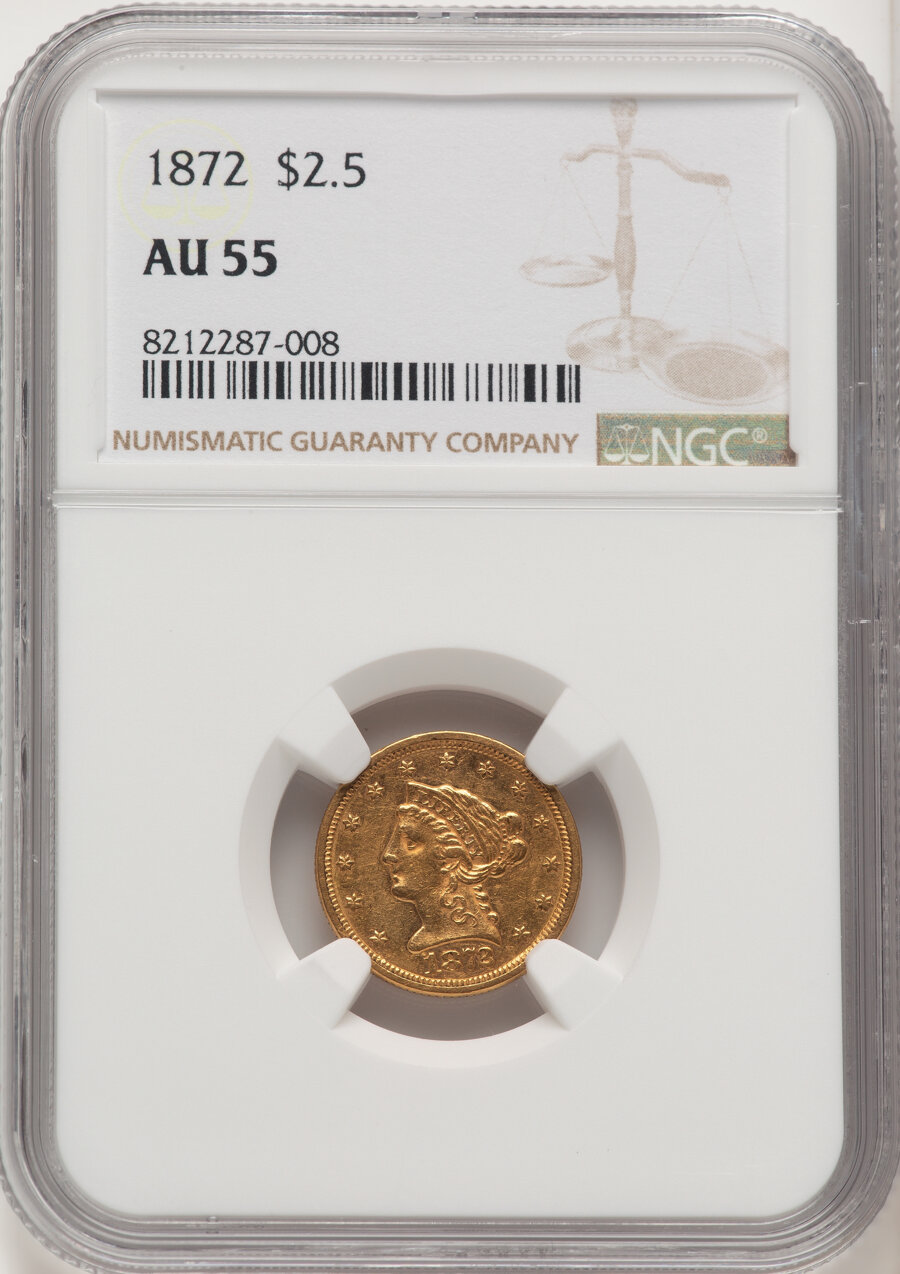 image for: 1872 $2 1/2 AU55 NGC. NGC Census: (24/28).  Mintage 3,000. ...