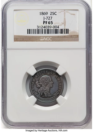 image for: 1869 25C Standard Silver Quarter Dollar, Judd-727, Pollock-808, R.5, PR65 NGC. NGC Census: (7/5). ...