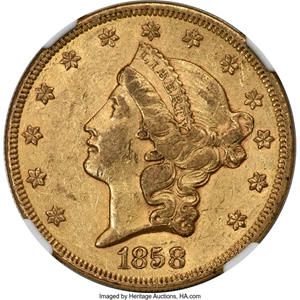 image for: 1858 $20 AU55 NGC....