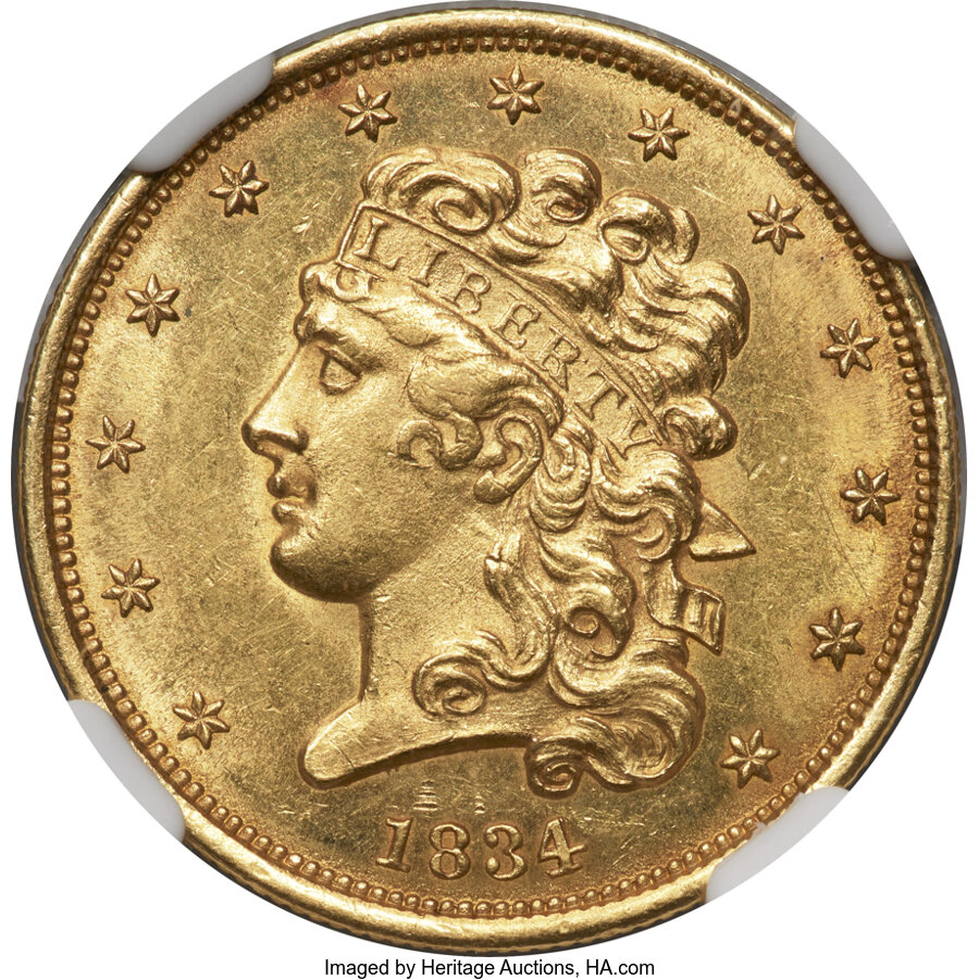 image for: 1834 $5 Plain 4, HM-5, R.2, MS62 NGC....