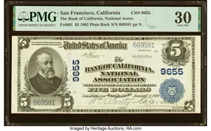 image for: San Francisco, CA - $5 1902 Plain Back Fr. 601 The Bank of California National Assoc Ch. # 9655 PMG Very Fine 30....
