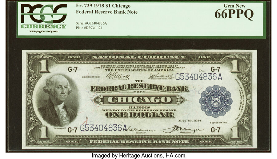 image for: Fr. 729 $1 1918 Federal Reserve Bank Note PCGS Gem New 66PPQ....