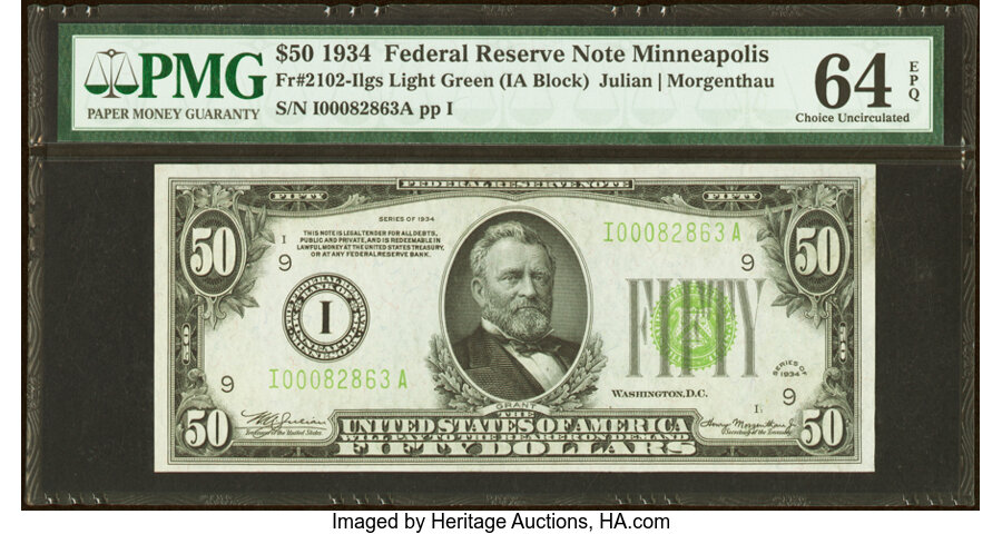 image for: Fr. 2102-I $50 1934 Light Green Seal Federal Reserve Note. PMG Choice Uncirculated 64 EPQ....