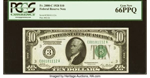 image for: Fr. 2000-C $10 1928 Federal Reserve Note. PCGS Gem New 66PPQ....