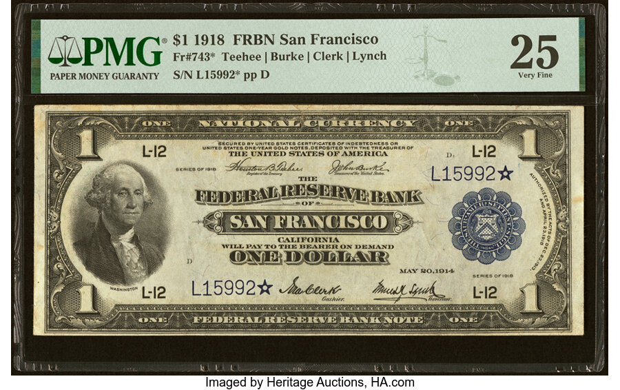 image for: Fr. 743* $1 1918 Federal Reserve Bank Star Note PMG Very Fine 25....