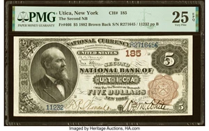 image for: Utica, NY - $5 1882 Brown Back Fr. 466 The Second National Bank Ch. # 185 PMG Very Fine 25 EPQ....