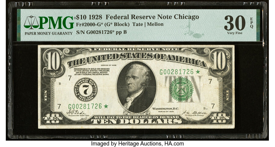 image for: Fr. 2000-G* $10 1928 Federal Reserve Star Note. PMG Very Fine 30 EPQ....