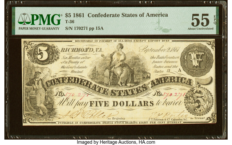 image for: T36 $5 1861 PF-4 Cr. 278 PMG About Uncirculated 55 EPQ....