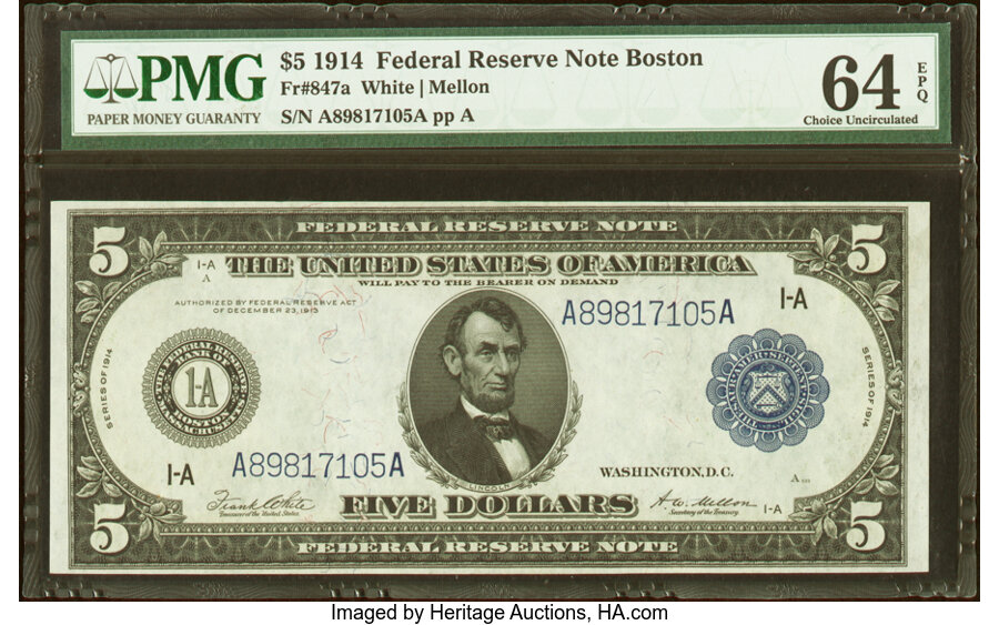 image for: Fr. 847a $5 1914 Federal Reserve Note PMG Choice Uncirculated 64 EPQ....
