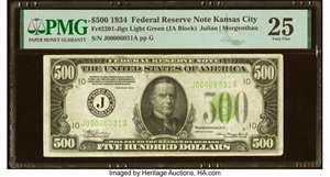 image for: Fr. 2201-J $500 1934 Light Green Seal Federal Reserve Note. PMG Very Fine 25....