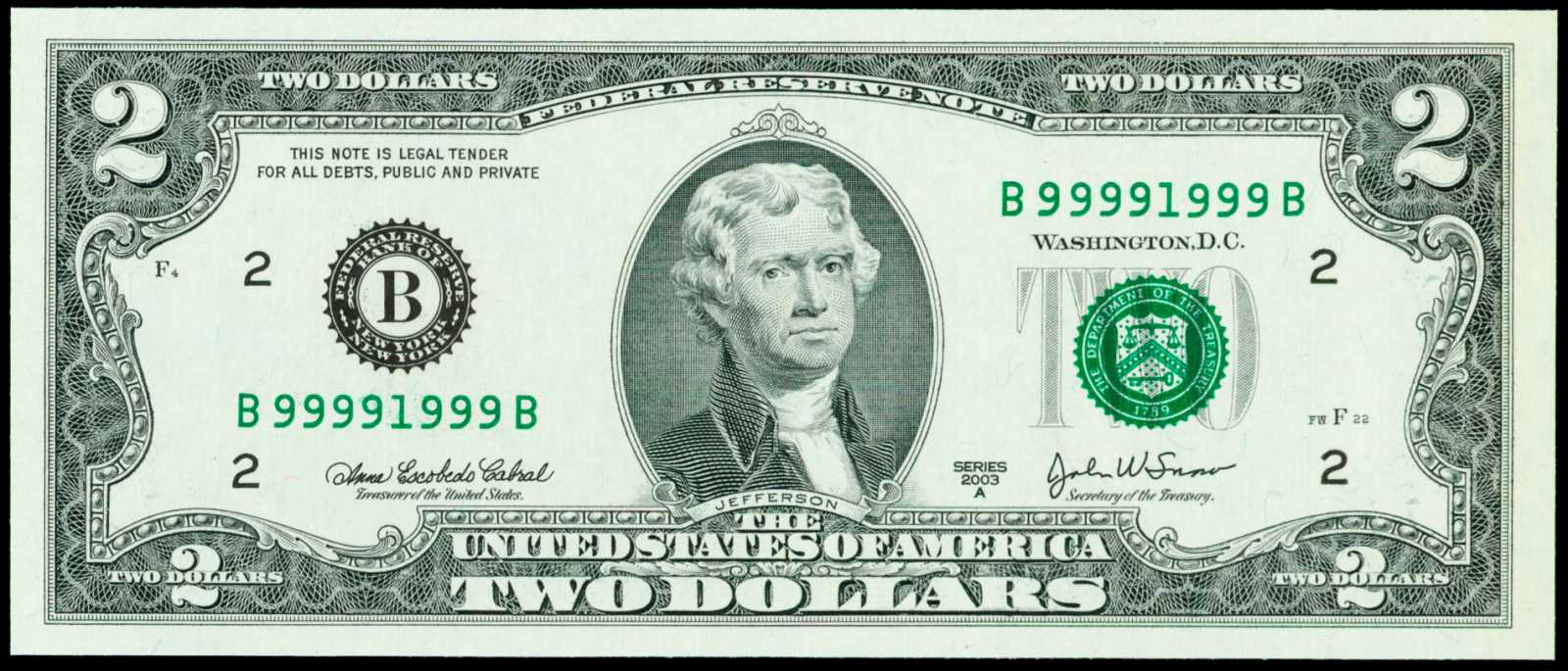 image for: Fr. 1938-b. 2003A $2  Federal Reserve Note.  New York. Gem Uncirculated. Fancy Serial Number.