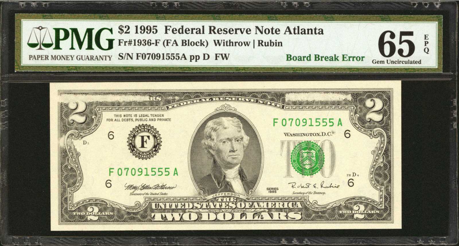 image for: Fr. 1936-F. 1995 $2 Federal Reserve Note. Atlanta. PMG Gem Uncirculated 65 EPQ. Board Break.