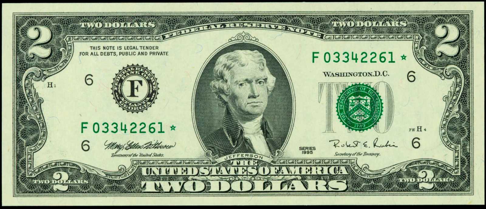 image for: Fr. 1936-F*. 1995 $2 Federal Reserve Star Note. Atlanta. PCGS Superb Gem New 69 PPQ.