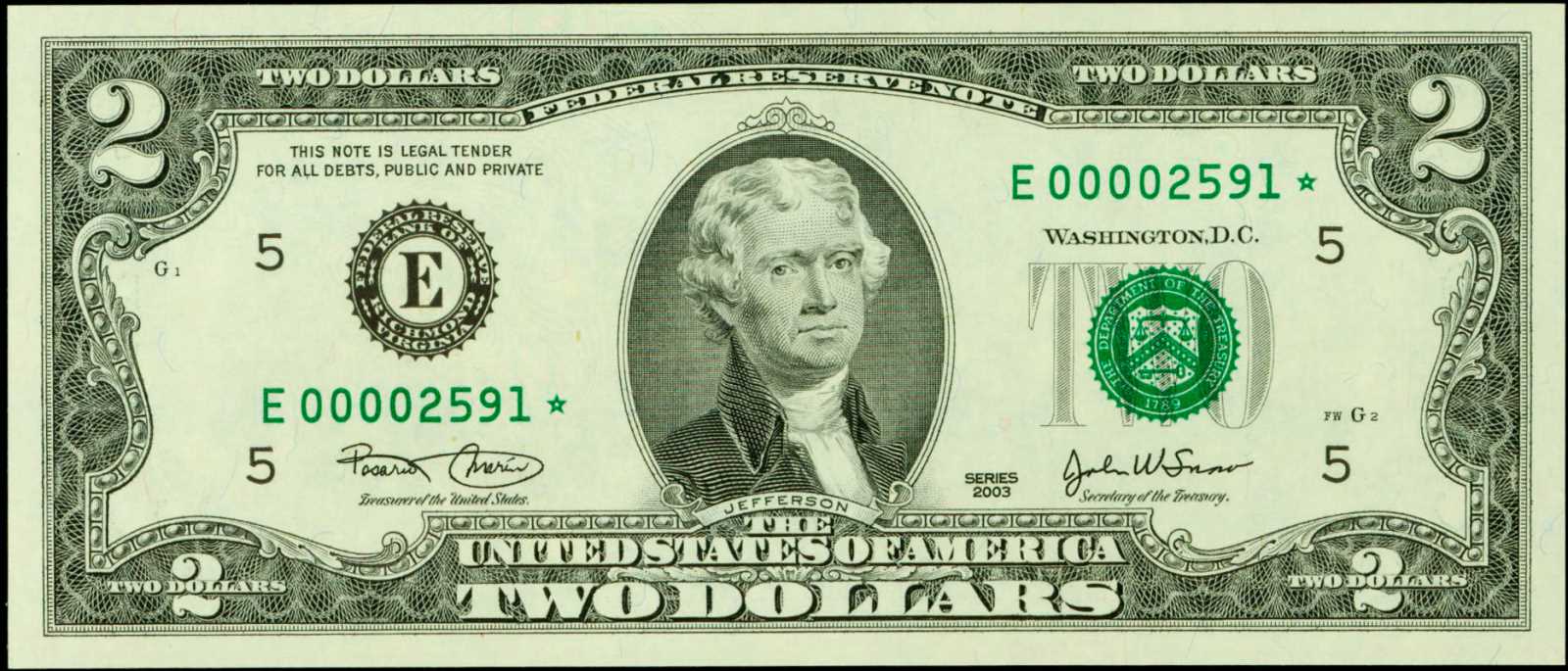 image for: Fr. 1937-E*. 2003 $2 Federal Reserve Star Note. Richmond. PCGS Superb Gem New 68 PPQ.
