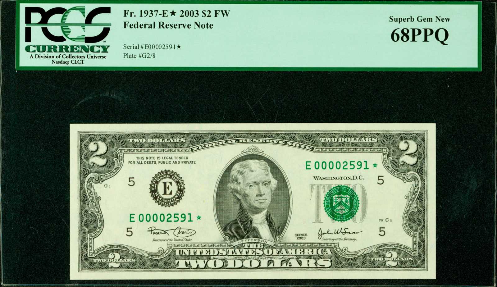 image for: Fr. 1937-E*. 2003 $2 Federal Reserve Star Note. Richmond. PCGS Superb Gem New 68 PPQ.
