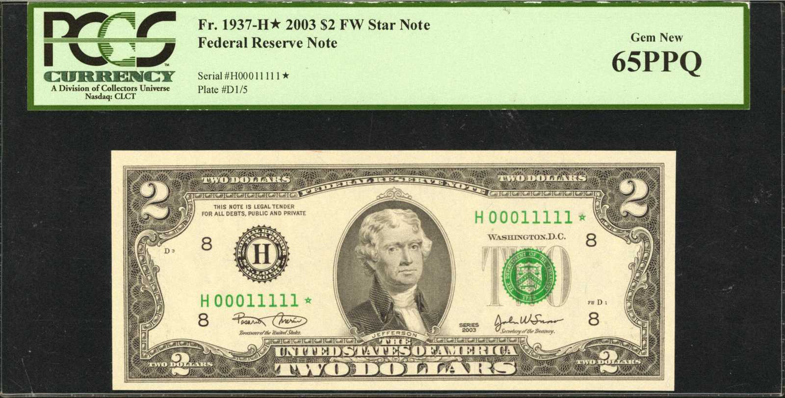 image for: Fr. 1937-H*. 2003 $2 Federal Reserve Star Note. St. Louis. PCGS Currency Gem New 65 PPQ.