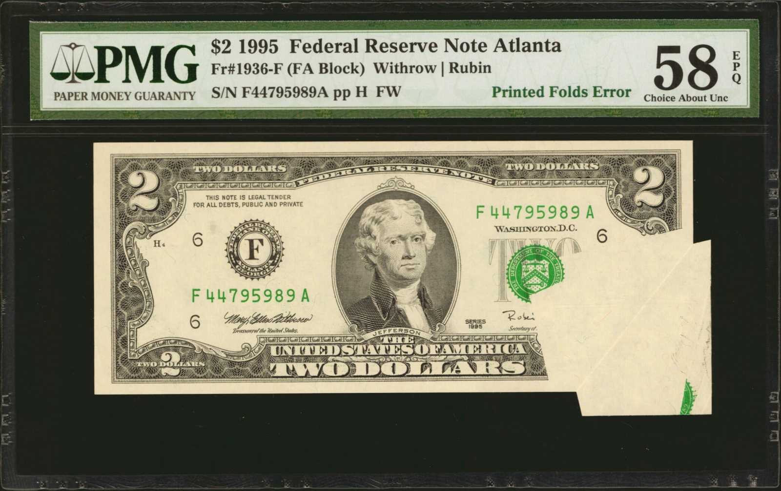 image for: Fr. 1936-F. 1995 $2  Federal Reserve Note. Atlanta. PMG Choice About Uncirculated 58 EPQ. Printed Folds Error.