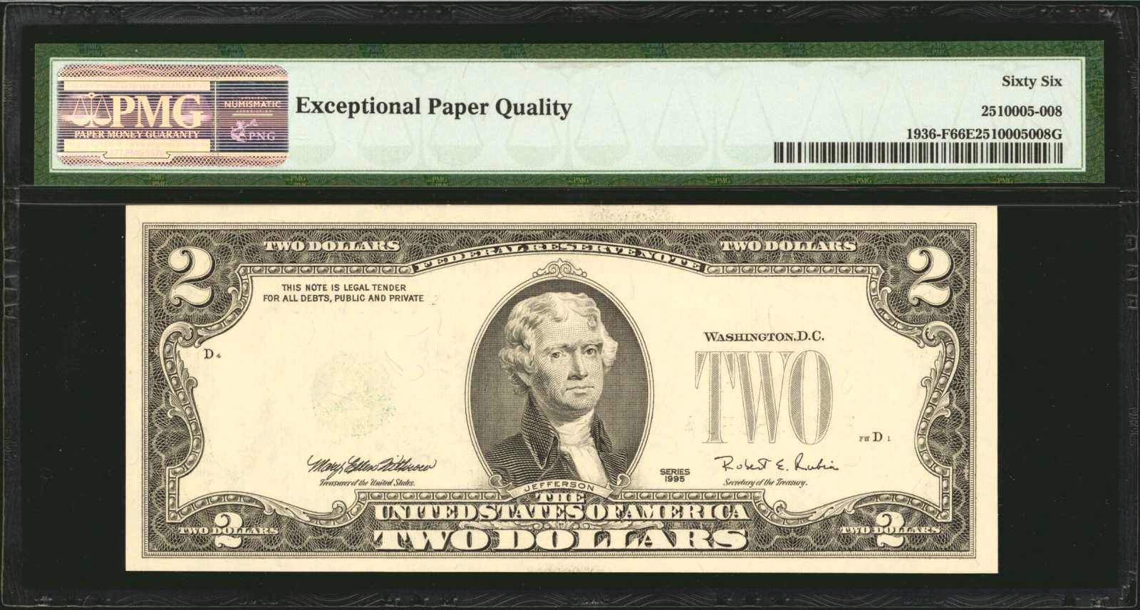 image for: Fr. 1936-F. 1995 $2 Federal Reserve Note. Atlanta. PMG Gem Uncirculated 66 EPQ. Overprint on Back Error.