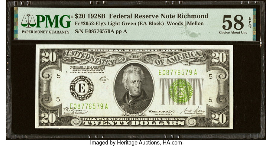 image for: Fr. 2052-E $20 1928B Light Green Seal Federal Reserve Note. PMG Choice About Unc 58 EPQ....