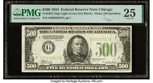 image for: Fr. 2201-G $500 1934 Light Green Seal Federal Reserve Note. PMG Very Fine 25....