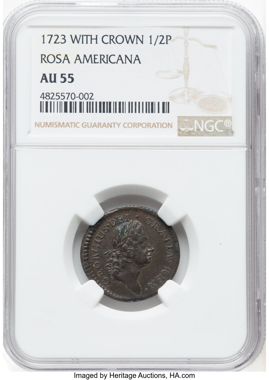 image for: 1723 1/2 P Rosa Americana Halfpenny, Crowned Rose, M. 3.7-F.1, W-1236, R.4, AU55 NGC....