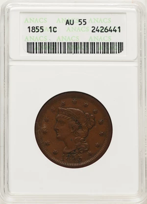 image for: 1855 1C Upright 55, N-8, R.2, AU55 ANACS. Housed in a small-sized holder. Mintage 1,574,829....