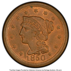 image for: 1850 1C N-7, R.2, MS64 Red and Brown PCGS. Mintage 4,426,844....