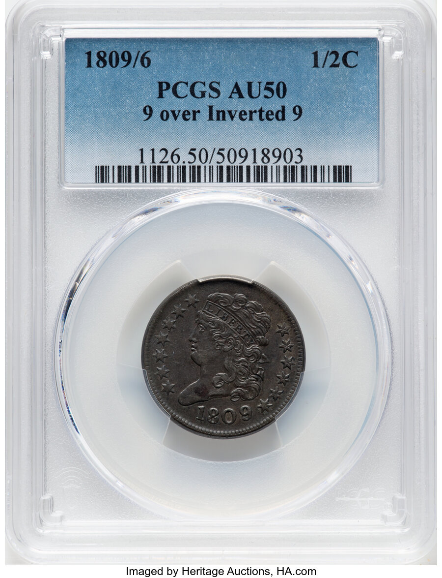 image for: 1809/6 1/2 C 9 Over Inverted 9, C-5, B-5, R.1, AU50 PCGS.  Mintage 1,154,572....