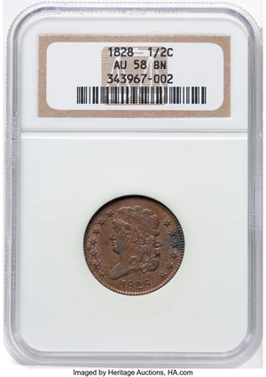 image for: 1828 1/2 C 13 Stars, C-3, B-2, R.1, AU58 Brown NGC. Mintage 606,000....