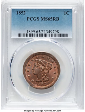 image for: 1852 1C N-22, N-9, R.1, MS65 Red and Brown PCGS. PCGS Population: (83/12). Mintage 5,063,094....