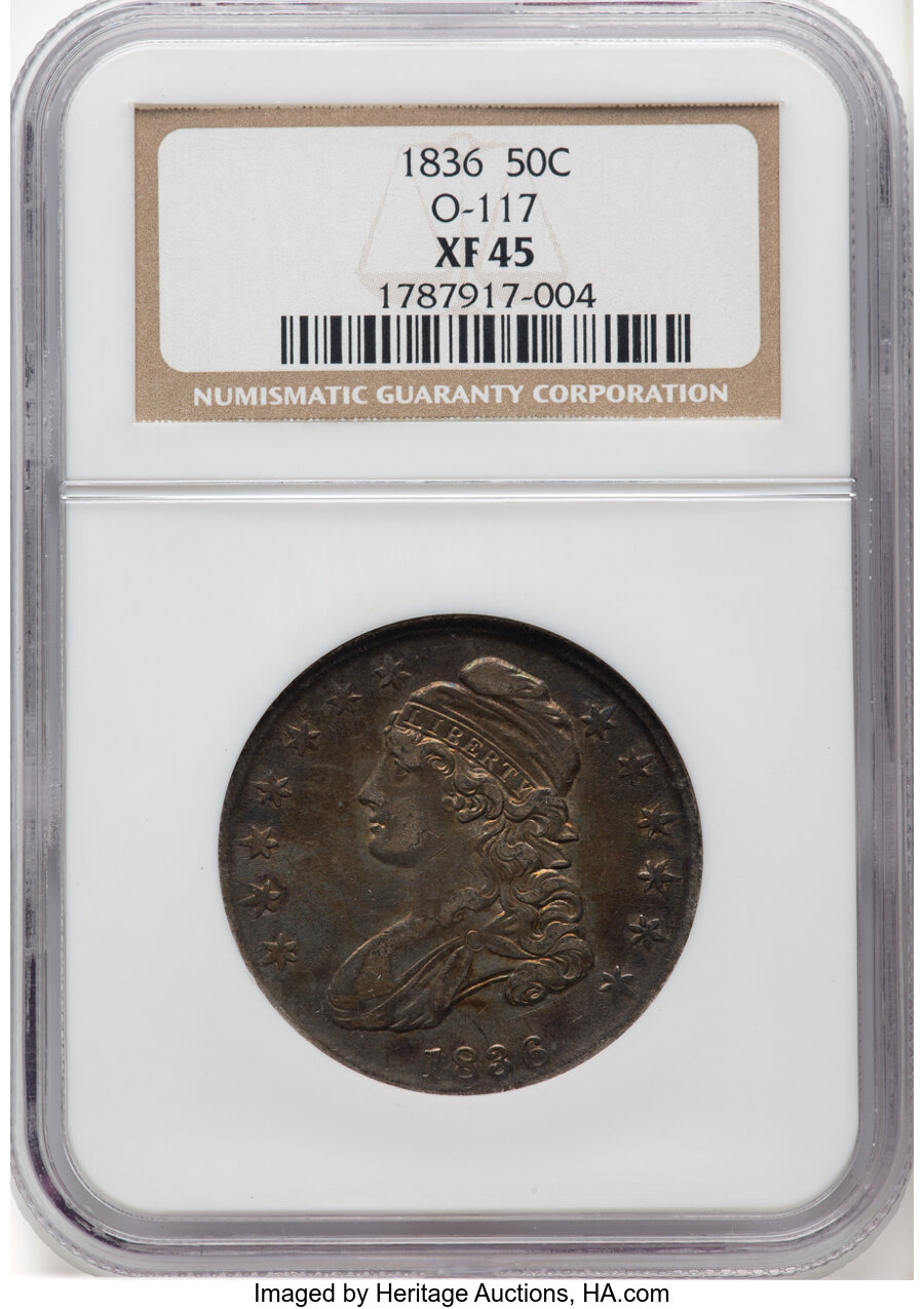 image for: 1836 50C Lettered Edge, O-117, R.3, XF45 NGC. NGC Census: (6/17).  Mintage 6,545,000. ...