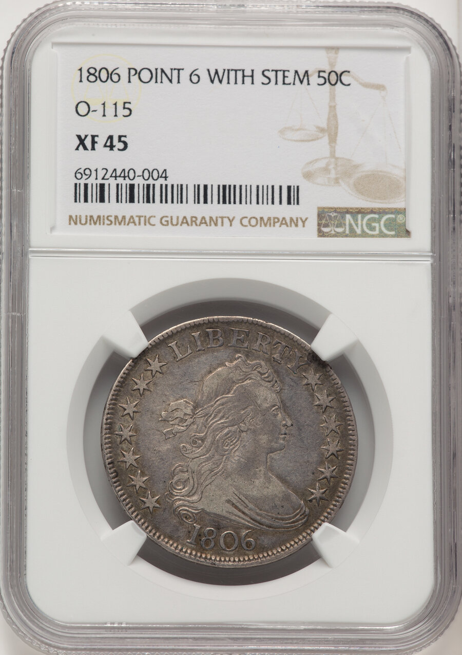 image for: 1806 50C Pointed 6, Stem, O-115, T-17, R.1, XF45 NGC. NGC Census: (5/9).  ...