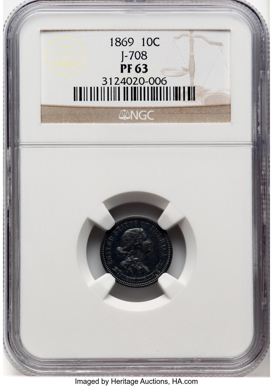 image for: 1869 10C Standard Silver Dime, Judd-708, Pollock-787, R.5, PR63 NGC. NGC Census: (5/17).  ...